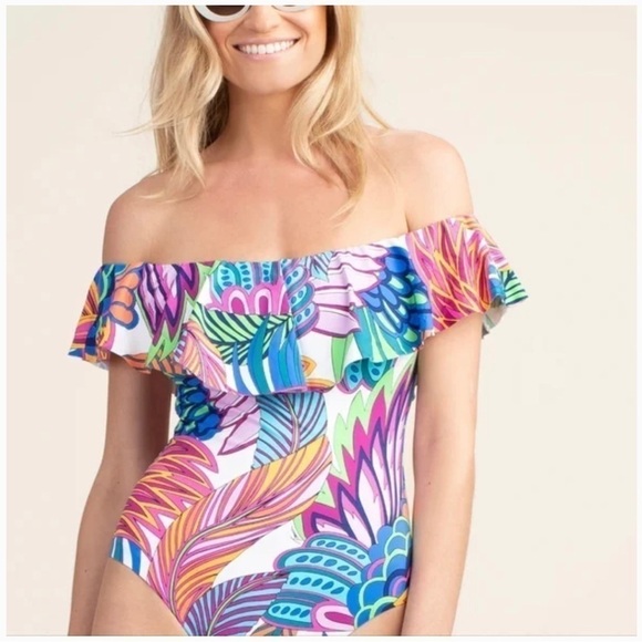 Off the shoulder one piece tropical swimsuit size 14 - Picture 2 of 7